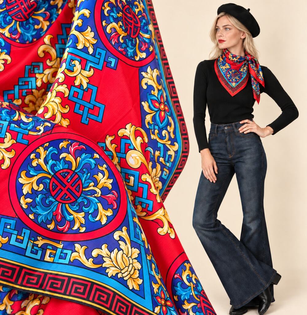 1990s Bill Blass Deadstock Silk Square Scarf – Asian-Inspired Medallion Print